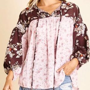 WOMEN'S LONG SLEEVE FRONT TIE FLORAL TUNIC TOP - Brown and pink floral colors